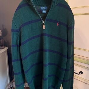 Ralph Lauren Polo, Vintage Youth XL Green & Navy Quarter Zip Cotton Knit Sweater